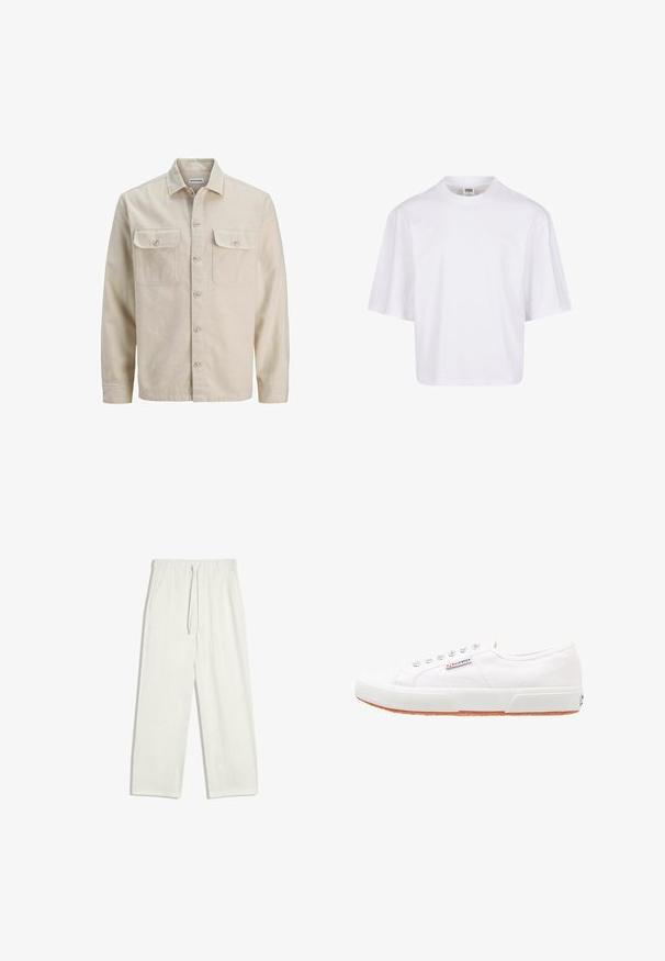 Beige overhemd met knopen in zachte stof, met twee borstzakken, lange mouwen en een rechte zoom. Effen textuur zonder patronen.; Witte, kortekorte t-shirt met een ronde hals en een ontspannen pasvorm, gemaakt van een zachte katoenmix. Geen patronen of versieringen.; Witte losse broek met elastische tailleband en trekkoord, zijzakken en rechte pijpen.; Witte canvas sneakers met een rubberen zool, vetersluiting en een klein logolabel aan de zijkant. Gewreven wit bovenwerk en een bruine zool.