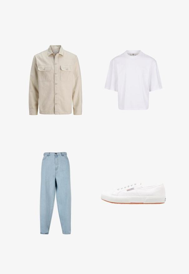 Chemise beige à boutons en tissu doux, dotée de deux poches poitrine, de manches longues et d'un ourlet droit. Texture unie sans motifs.; T-shirt blanc à manches courtes avec un col rond et une coupe décontractée, fabriqué à partir d'un tissu en coton mélangé doux. Aucun motif ni embellissement.; Jean taille haute bleu clair avec une coupe décontractée. Comprend un bouton sur le devant, une fermeture éclair et un design à cinq poches. Texture du tissu légèrement délavée.; Baskets en toile blanches avec une semelle en caoutchouc, design à lacets et une petite étiquette logo sur le côté. Tige blanche texturée et semelle extérieure marron.