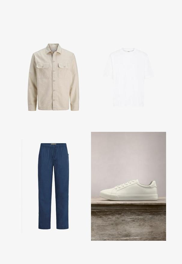 Chemise beige à boutons en tissu doux, dotée de deux poches poitrine, de manches longues et d'un ourlet droit. Texture unie sans motifs.; T-shirt blanc à manches courtes en coton. Doté d'un col rond, d'une coupe décontractée et sans motifs ni accents visibles. Design simple et épuré.; Pantalon en lin bleu marine avec une taille élastique, un cordon de serrage et une coupe droite. Texture lisse, sans motifs ni accents visibles.; Sneaker en dentelle blanche flottant au-dessus d'un banc en bois avec un feuillage vert en arrière-plan, mettant en valeur le design et la texture de la chaussure.