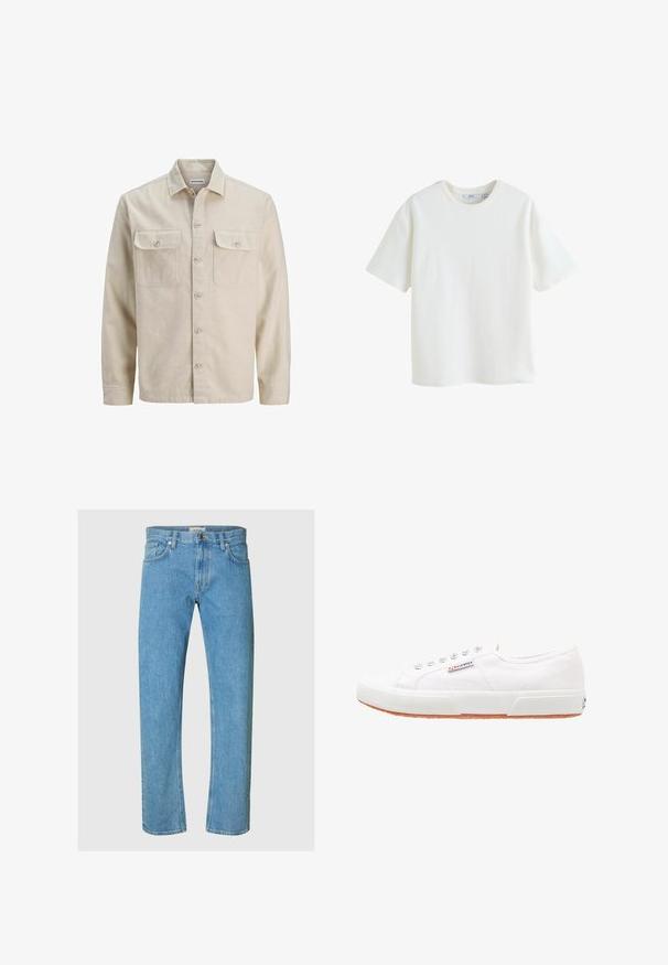Camisa beige de botones en tejido suave, con dos bolsillos en el pecho, mangas largas y dobladillo recto. Textura lisa sin patrones.; Camiseta blanca lisa de manga corta y cuello redondo con una pequeña etiqueta de talla en el interior del cuello.; Los jeans de mezclilla en un tono azul claro presentan un diseño de pierna recta, estilo de cinco bolsillos y un cierre de cremallera con un botón de metal.; Zapatillas de lona blancas con suela de goma, diseño de cordones y una pequeña etiqueta con el logo en el lateral. Parte superior texturizada blanca y suela marrón.