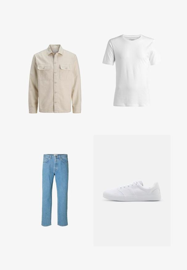Beige skjorte med knaplukning i blødt stof, der har to brystlommer, lange ærmer og en lige søm. Ensfarvet tekstur uden mønstre.; Hvid kortærmet T-shirt lavet af bomuld med en almindelig pasform og en rund halsudskæring. Glat tekstur, uden mønstre eller synlige detaljer.; Lyseblå denimjeans med lige ben-design. Funktioner inkluderer en knapgylp, fem lommer og syede detaljer langs sømmene.; Hvide lærreds sneakers med gummisål, der har seks snørehuller, en struktureret tåkap og et minimalistisk design.