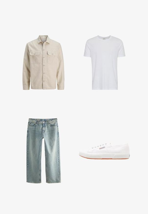 Beige Hemd mit Knöpfen aus weichem Stoff, ausgestattet mit zwei Brusttaschen, langen Ärmeln und einem geraden Saum. Einfarbig ohne Muster.; Schlichtes weißes T-Shirt mit kurzen Ärmeln und Rundhalsausschnitt, präsentiert auf weißem Hintergrund, mit einem kleinen Nackenetikett, das die Marke „Solid“ zeigt.; Hellblaue, bequeme Baggy-Jeans aus Denim mit geradem Bein, fünf Taschen und sichtbarem Knopfverschluss.; Weiße Leinensneaker mit Gummisohle, Schnürdesign und einem kleinen Logolabel an der Seite. Strukturierte weiße Oberseite und braune Außensohle.