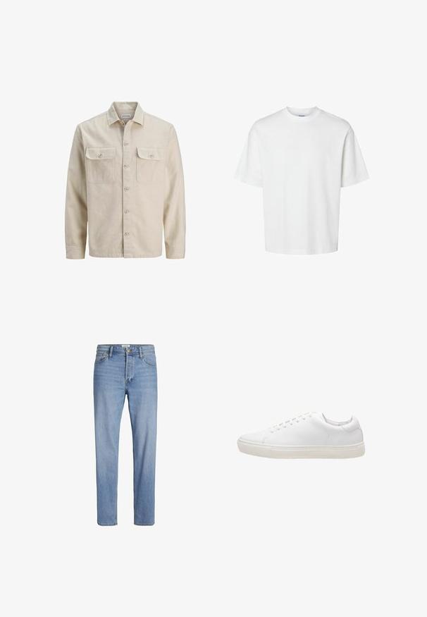 Beige skjorte med knaplukning i blødt stof, der har to brystlommer, lange ærmer og en lige søm. Ensfarvet tekstur uden mønstre.; Enkel hvid t-shirt med korte ærmer, rund hals og løs pasform vist på hvid baggrund.; Lysblå denimjeans med lige pasform, standard fem-lomme design og synlig stitching. Ingen tydelige mønstre eller accenter.; Hvide lædersneakers med en glat overflade, rund tå, snørebåndslukning og flad gummisål. Minimalistisk design uden synlige mønstre.