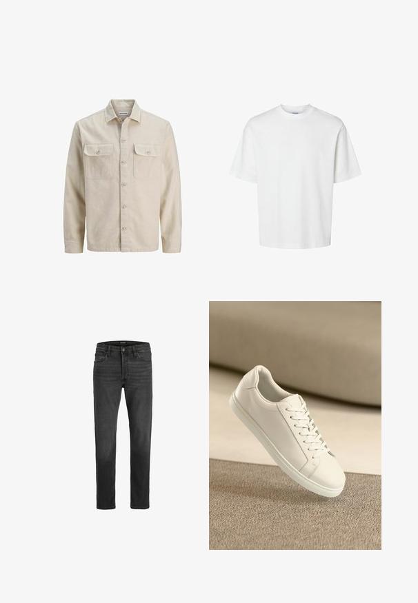 Beige skjorte med knaplukning i blødt stof, der har to brystlommer, lange ærmer og en lige søm. Ensfarvet tekstur uden mønstre.; Enkel hvid t-shirt med korte ærmer, rund hals og løs pasform vist på hvid baggrund.; Sorte denim jeans med lige pasform, fem-lomme design og lynlås. Har diskret falmning og kontrastsyninger.; Hvide lædersneakers med hvide snørebånd, præsenteret på en beige tekstureret overflade og med en blødt uskarp baggrund.