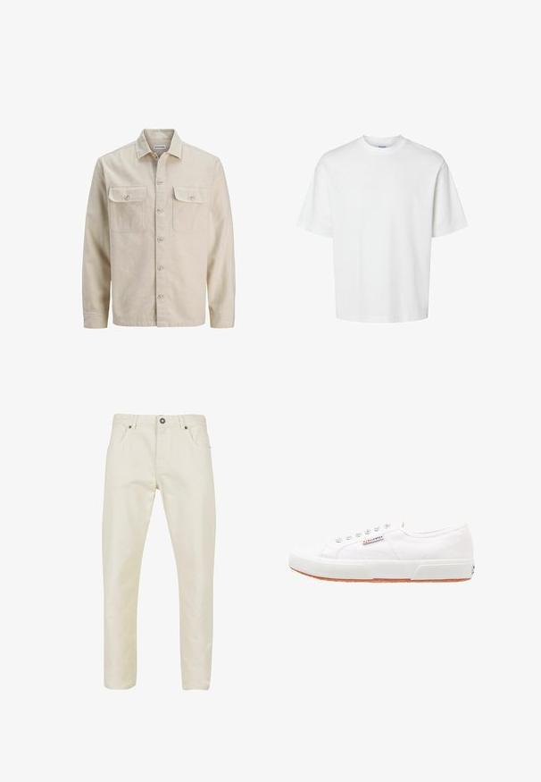 Beige Hemd mit Knöpfen aus weichem Stoff, ausgestattet mit zwei Brusttaschen, langen Ärmeln und einem geraden Saum. Einfarbig ohne Muster.; Schlichtes weißes T-Shirt mit kurzen Ärmeln, Rundhalsausschnitt und lockerem Schnitt, abgebildet auf weißem Hintergrund.; Beige Baumwollhose mit glatter Textur, geradem Schnitt, fünf Taschen Design und metallenem Knopfverschluss an der Taille.; Weiße Leinensneaker mit Gummisohle, Schnürdesign und einem kleinen Logolabel an der Seite. Strukturierte weiße Oberseite und braune Außensohle.