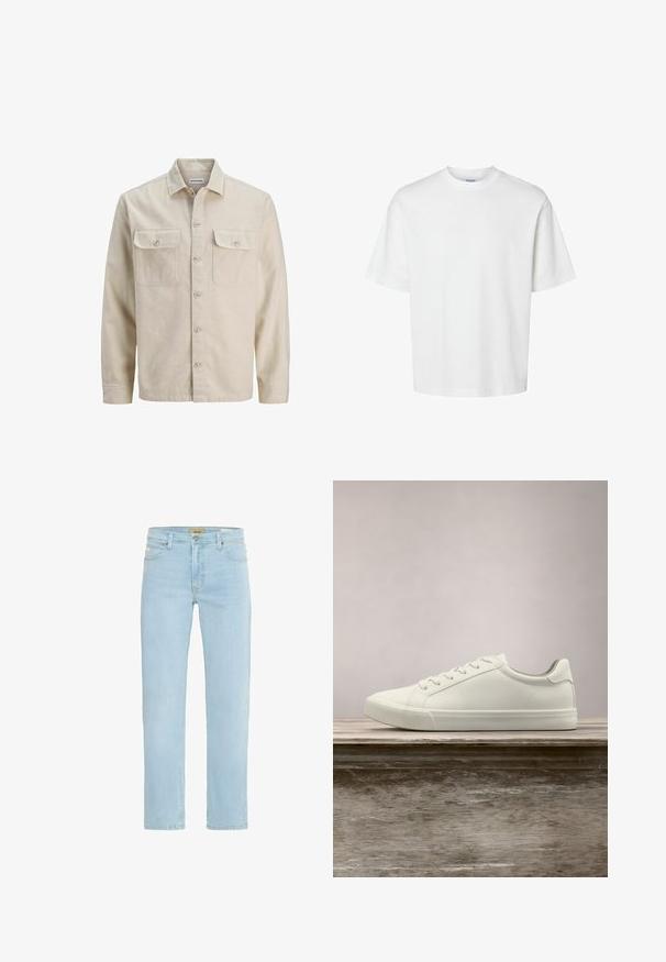 Beige Hemd mit Knöpfen aus weichem Stoff, ausgestattet mit zwei Brusttaschen, langen Ärmeln und einem geraden Saum. Einfarbig ohne Muster.; Schlichtes weißes T-Shirt mit kurzen Ärmeln, Rundhalsausschnitt und lockerem Schnitt, abgebildet auf weißem Hintergrund.; Hellblaue Denim-Jeans mit geradem Schnitt, traditionellem Fünf-Taschen-Design sowie einem Messingknopf und Reißverschlussverschluss vorne.; Weiße Schnürsneaker, die über einer Holzbank mit grünem Laub im Hintergrund schweben und das Schuhdesign sowie die Textur zeigen.