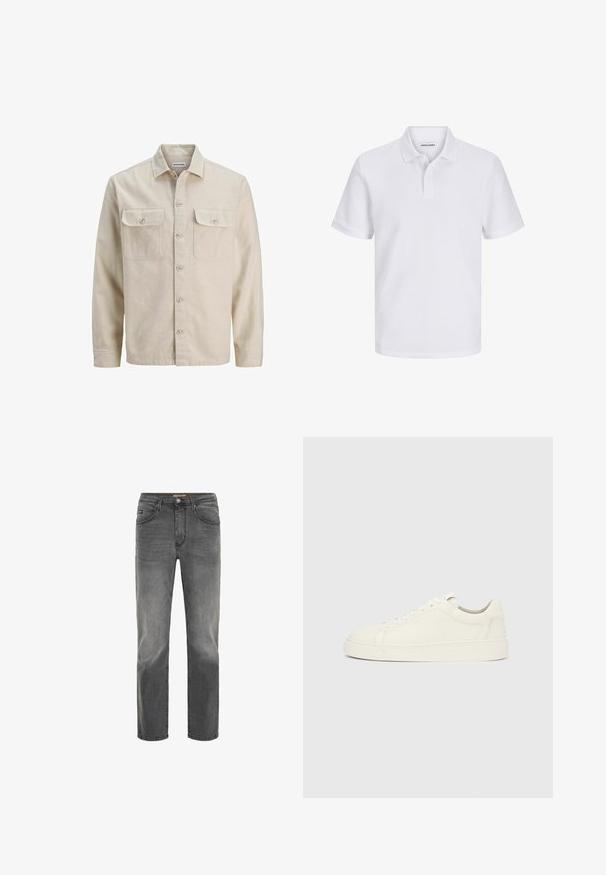 Beige overhemd met knopen in zachte stof, met twee borstzakken, lange mouwen en een rechte zoom. Effen textuur zonder patronen.; Witte poloshirt gemaakt van gestructureerde stof, met een knoopsluiting, korte mouwen en een klein logo op de borst.; Grijze denim jeans met een rechte pasvorm, vijf zakken en een subtiele vervaagde afwerking. Voorzien van een knoop- en ritssluiting.; Witte leren sneaker met lage schacht, veterluiting en platte zool, zijaanzicht, op een effen lichtgrijze achtergrond.