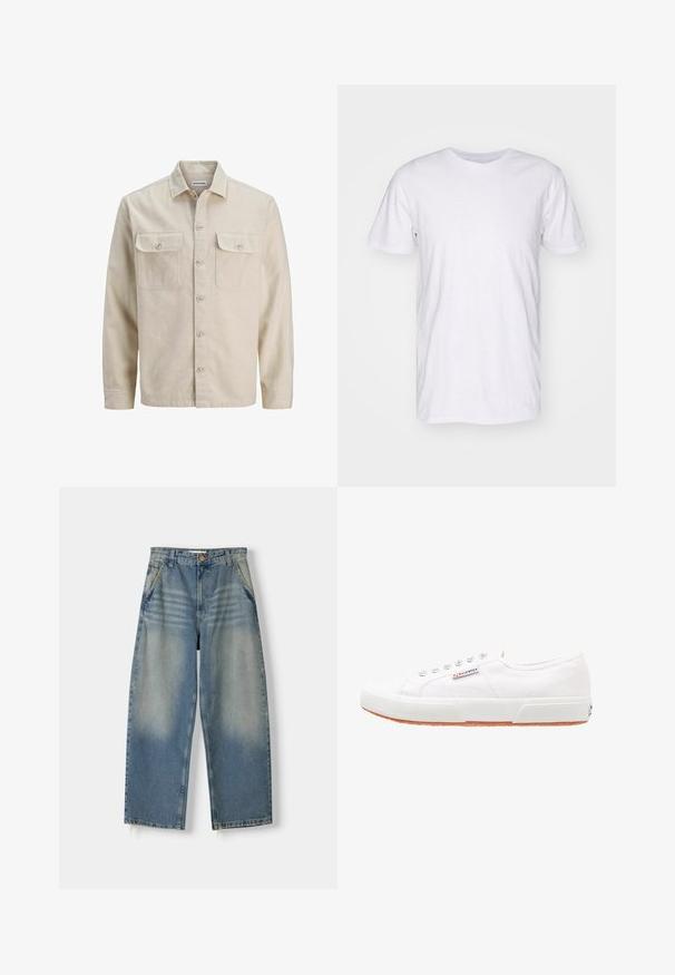 Beige Hemd mit Knöpfen aus weichem Stoff, ausgestattet mit zwei Brusttaschen, langen Ärmeln und einem geraden Saum. Einfarbig ohne Muster.; Selected SLHASPEN SLUB TEE - T-Shirt basic - bright white; Hellblaue Denim-Jeans im weit geschnittenen Stil mit einem ausgewaschenen Finish, Fünf-Taschen-Design und rohem Saum. Mit einem Knopf- und Reißverschluss vorne.; Weiße Leinensneaker mit Gummisohle, Schnürdesign und einem kleinen Logolabel an der Seite. Strukturierte weiße Oberseite und braune Außensohle.