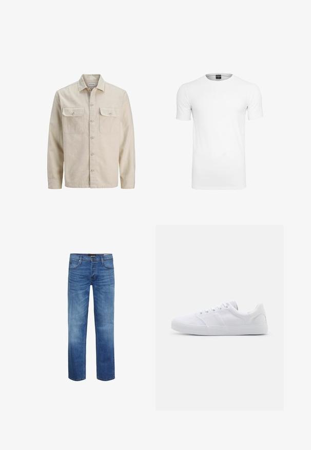 Beige skjorte med knaplukning i blødt stof, der har to brystlommer, lange ærmer og en lige søm. Ensfarvet tekstur uden mønstre.; Ensfarvet hvid t-shirt med korte ærmer og rund hals på en hvid baggrund, vist fra fronten med synlig mærkat inde i kraven.; Lyseblå denimjeans med et falmet look, lige snit, fem-lommers design og lynlås. Har brune syninger og et logo-patch.; Hvide lærreds sneakers med gummisål, der har seks snørehuller, en struktureret tåkap og et minimalistisk design.