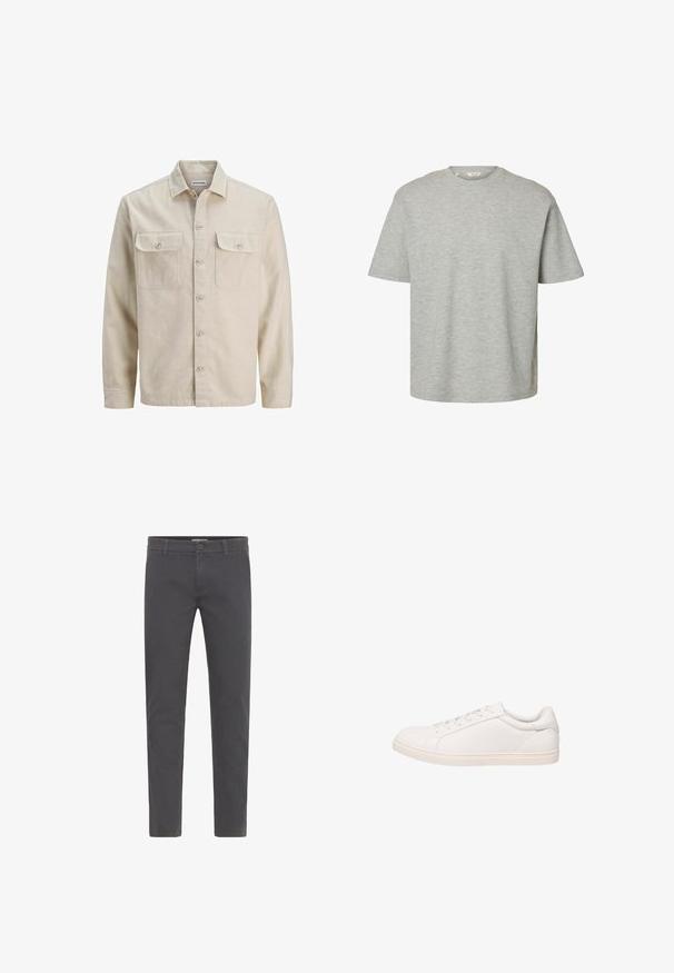 Camisa beige de botones en tejido suave, con dos bolsillos en el pecho, mangas largas y dobladillo recto. Textura lisa sin patrones.; Camiseta de color gris claro con mangas cortas y cuello redondo, de corte holgado y tejido de algodón suave.; Pantalones grises de corte ajustado, elaborados en suave algodón. Presentan un cierre con botón, presillas para cinturón y un diseño limpio y aerodinámico. Sin patrones visibles.; Zapatilla blanca de corte bajo con cierre de cordones y suela plana, mostrada en perfil lateral sobre un fondo blanco.