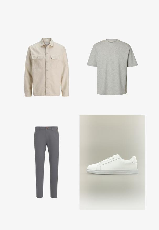 Beige overhemd met knopen in zachte stof, met twee borstzakken, lange mouwen en een rechte zoom. Effen textuur zonder patronen.; Lichtgrijs T-shirt met korte mouwen en ronde hals, losse pasvorm en zachte katoenen stof.; Grijze katoenen broek met een aansluitend ontwerp, voorzien van een knoopsluiting, standaardzakken en een gladde textuur.; Witte lage sneaker met veterluiting aan de voorkant en een gestructureerde rubberen zool tegen een neutrale achtergrond.