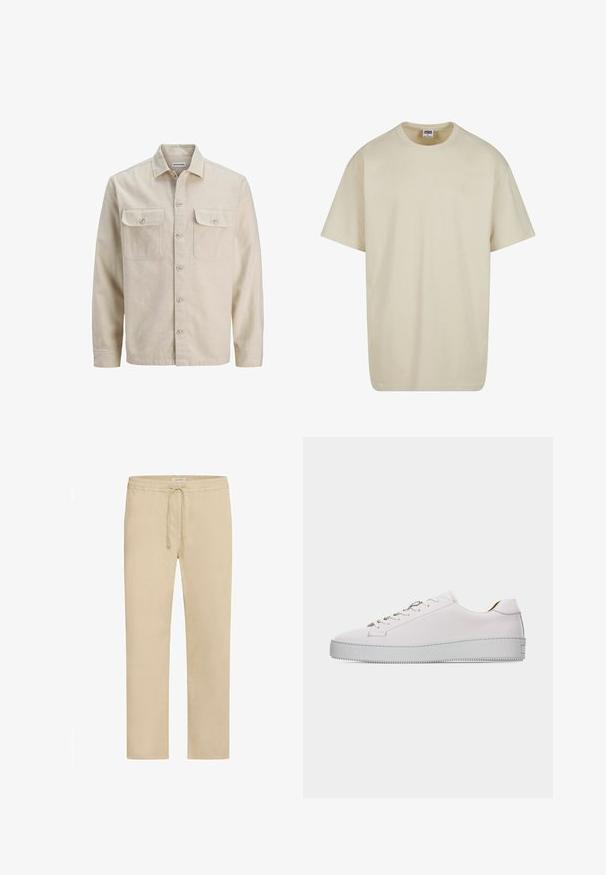 Chemise beige à boutons en tissu doux, dotée de deux poches poitrine, de manches longues et d'un ourlet droit. Texture unie sans motifs.; T-shirt en coton beige clair à manches courtes, col rond et coupe décontractée. Le tissu semble lisse, sans motifs ni accents visibles.; Pantalon en coton beige avec une taille élastique et un cordon de serrage ajustable. Coupe droite, texture lisse et aucun motif visible.; Baskets basses en cuir blanc avec lacets blancs, semelle en caoutchouc plate texturée et coutures minimalistes, vues de côté extérieur sur fond blanc.