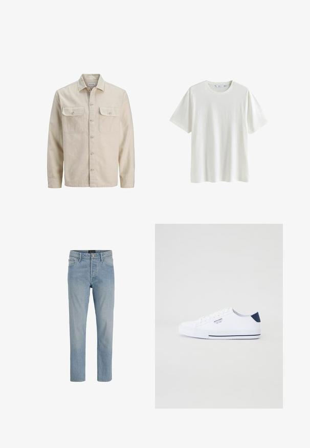 Beige Hemd mit Knöpfen aus weichem Stoff, ausgestattet mit zwei Brusttaschen, langen Ärmeln und einem geraden Saum. Einfarbig ohne Muster.; Schlichtes weißes T-Shirt mit kurzen Ärmeln und Rundhalsausschnitt, auf weißem Hintergrund dargestellt, Größe Medium, mit sichtbaren Kleidungsetiketten im Kragen.; Hellblaue Denim-Jeans mit geradem Schnitt, fünf Taschen, Knopfverschluss und einem leicht ausgewaschenen Finish.; Weiße Canvas-Sneaker mit navyblauem Fersenakzent, flacher Gummisohle, runder Zehenpartie und weißen Schnürsenkeln. Mit Logo an der Seite.