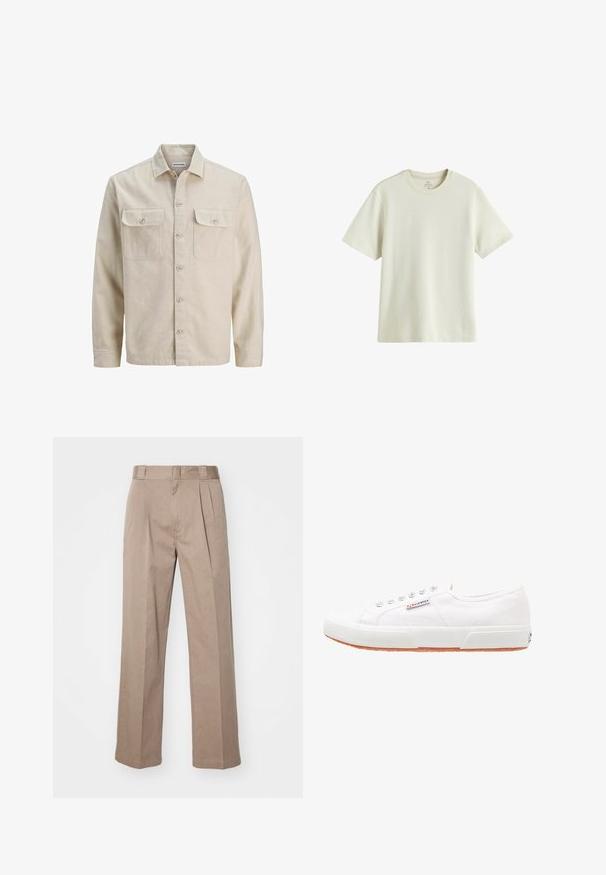 Beige Hemd mit Knöpfen aus weichem Stoff, ausgestattet mit zwei Brusttaschen, langen Ärmeln und einem geraden Saum. Einfarbig ohne Muster.; Schlichtes beige T-Shirt mit kurzen Ärmeln und Rundhalsausschnitt, regulärer Passform und sichtbarem Nackenetikett auf weißem Hintergrund.; Beige, hoch taillierte Hosen mit weit geschnittenem Design. Verfügbar mit zwei Vorderfalten und einer glatten Textur. Standardlänge mit einem sauberen Finish.; Weiße Leinensneaker mit Gummisohle, Schnürdesign und einem kleinen Logolabel an der Seite. Strukturierte weiße Oberseite und braune Außensohle.