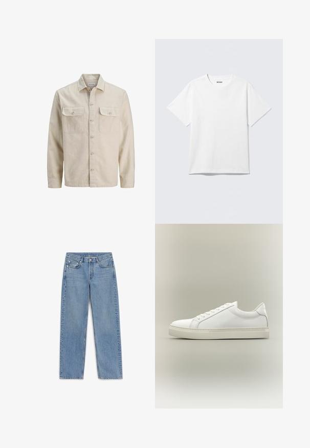 Camisa beige de botones en tejido suave, con dos bolsillos en el pecho, mangas largas y dobladillo recto. Textura lisa sin patrones.; Camiseta blanca de manga corta con cuello redondo, colocada plana, diseño liso, con etiqueta "WEEKDAY" en el interior del cuello sobre un fondo claro.; Jeans de mezclilla azul claro con corte recto, cinco bolsillos y un ligero desvanecimiento. Presenta una cremallera de botones y detalles de costura a lo largo de las costuras.; Zapatilla blanca de perfil bajo con cordones en la parte delantera y suela gruesa, mostrada de lado sobre un fondo neutro.