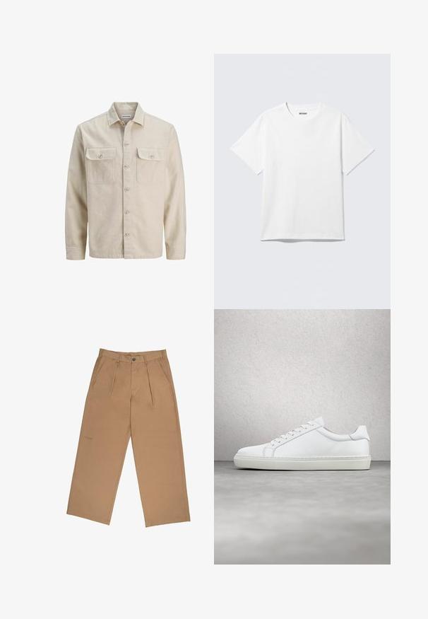 Beige Hemd mit Knöpfen aus weichem Stoff, ausgestattet mit zwei Brusttaschen, langen Ärmeln und einem geraden Saum. Einfarbig ohne Muster.; Weißes T-Shirt mit kurzen Ärmeln und Rundhalsausschnitt, flach liegend, schlichtes Design, mit „WEEKDAY“-Etikett innen im Kragen auf hellem Hintergrund.; Helle Hose aus einem glatten Stoff, mit Falten, Knopfverschluss und einem gestickten Logo nahe dem Saum.; Weißer Sneaker mit glattem Lederobermaterial und niedrigem Profil. Verfügt über eine runde Zehenpartie, sechs Ösen und eine strukturierte Gummisohle.