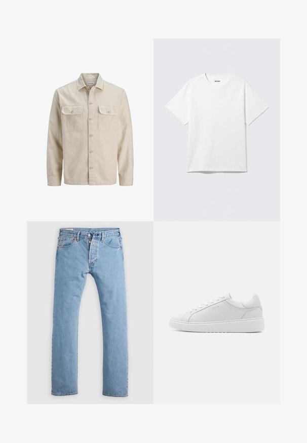 Chemise beige à boutons en tissu doux, dotée de deux poches poitrine, de manches longues et d'un ourlet droit. Texture unie sans motifs.; T-shirt blanc à manches courtes et col rond, étalé à plat, design uni, avec l'étiquette "WEEKDAY" à l'intérieur du col sur un fond clair.; Jean en denim droit bleu clair avec fermeture à boutons, passants de ceinture, et poches avant et arrière, présenté sur un fond blanc.; Baskets blanches en cuir avec une texture lisse, bout rond, design bas et branding subtil sur le côté. Collier rembourré et lacets.
