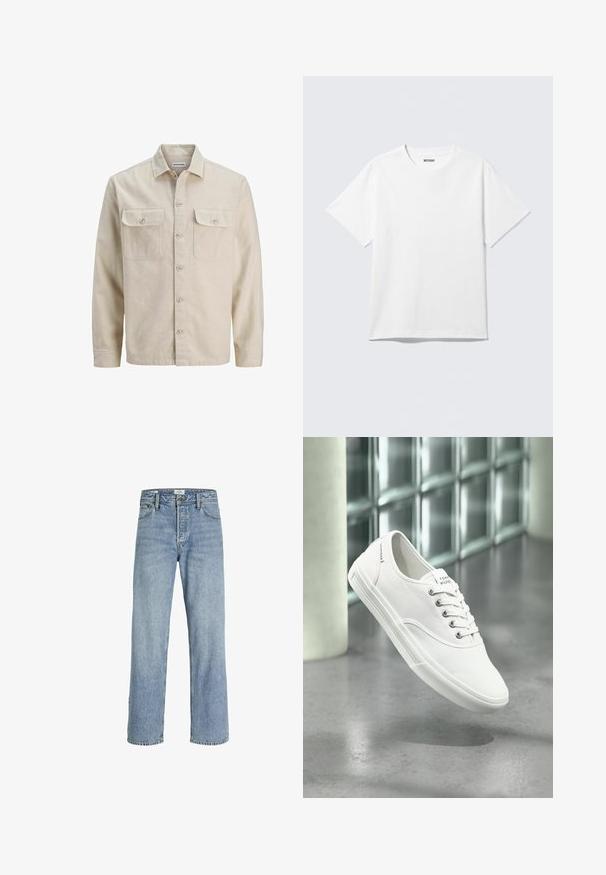 Chemise beige à boutons en tissu doux, dotée de deux poches poitrine, de manches longues et d'un ourlet droit. Texture unie sans motifs.; T-shirt blanc à manches courtes et col rond, étalé à plat, design uni, avec l'étiquette "WEEKDAY" à l'intérieur du col sur un fond clair.; Jean en denim bleu clair avec une coupe droite, taille haute, style cinq poches et décoloration légère, avec fermeture à bouton en métal.; Baskets basses blanches en toile avec lacets, étiquetées Tommy Hilfiger, montrées flottant au-dessus d’un sol gris lisse près d’un mur en briques de verre.