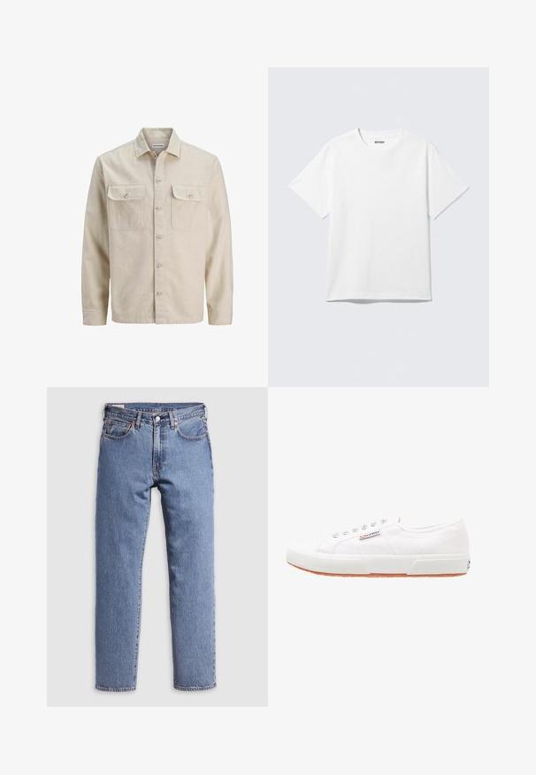 Beige overhemd met knopen in zachte stof, met twee borstzakken, lange mouwen en een rechte zoom. Effen textuur zonder patronen.; Witte T-shirt met korte mouwen en ronde hals, plat gelegd, effen ontwerp, met een "WEEKDAY" label in de kraag op een lichte achtergrond.; Blauwe rechte denim spijkerbroek met frontknop en rits, riemlussen en klassieke vijfzakkenstijl op een lichtgrijze achtergrond.; Witte canvas sneakers met een rubberen zool, vetersluiting en een klein logolabel aan de zijkant. Gewreven wit bovenwerk en een bruine zool.
