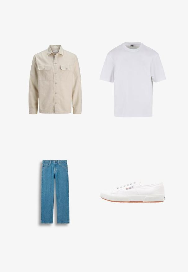 Chemise beige à boutons en tissu doux, dotée de deux poches poitrine, de manches longues et d'un ourlet droit. Texture unie sans motifs.; T-shirt blanc à manches courtes en coton. Il présente un col rond et une coupe décontractée. Texture lisse, design minimaliste, sans motifs ni accents.; Jean droit bleu en denim avec poches avant, passants de ceinture et fermeture à bouton, présenté sur fond blanc.; Baskets en toile blanches avec une semelle en caoutchouc, design à lacets et une petite étiquette logo sur le côté. Tige blanche texturée et semelle extérieure marron.