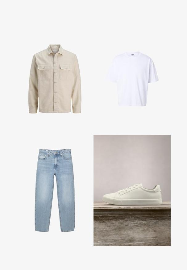 Chemise beige à boutons en tissu doux, dotée de deux poches poitrine, de manches longues et d'un ourlet droit. Texture unie sans motifs.; T-shirt blanc uni en coton à manches courtes, col rond, coupe ample et étiquette de marque Urban Classic à l'intérieur du col.; Jean en denim bleu clair, coupe ample, taille haute, design à cinq poches, braguette à boutons et zip, jambes droites avec un ourlet légèrement effiloché.; Sneaker en dentelle blanche flottant au-dessus d'un banc en bois avec un feuillage vert en arrière-plan, mettant en valeur le design et la texture de la chaussure.