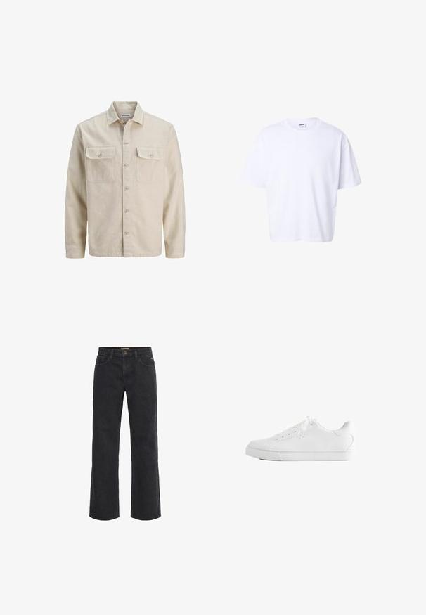 Beige skjorte med knaplukning i blødt stof, der har to brystlommer, lange ærmer og en lige søm. Ensfarvet tekstur uden mønstre.; Hvidt bomulds-T-shirt med korte ærmer, rund hals, løs pasform og Urban Classic-mærke inde i kraven.; Sorte denim bukser med vid ben, knaplukning, fem lommer og en let slidt tekstur. Lige snit fra talje til søm.; Hvid lavtop sneakers med snørebånd, glat læderoverdel og flad gummiå sole set fra siden på en hvid baggrund.