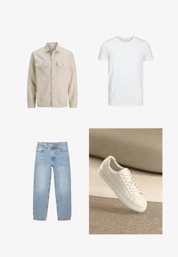 Beige Hemd mit Knöpfen aus weichem Stoff, ausgestattet mit zwei Brusttaschen, langen Ärmeln und einem geraden Saum. Einfarbig ohne Muster.; Rundhals-T-Shirt mit kurzen Ärmeln in reinem Weiß, aus weicher Baumwolle, mit einem schlichten Design ohne sichtbare Muster oder Akzente.; Hellblaue Denim-Jeans, lockere Passform, hoch sitzend, mit fünf Taschen, Knopf- und Reißverschluss, gerade Beine mit leicht ausgefranstem Saum.; Weißes Leder Sneaker mit weißen Schnürsenkeln, auf einer beigefarbenen strukturierten Oberfläche präsentiert, und einem sanft verschwommenen Hintergrund.