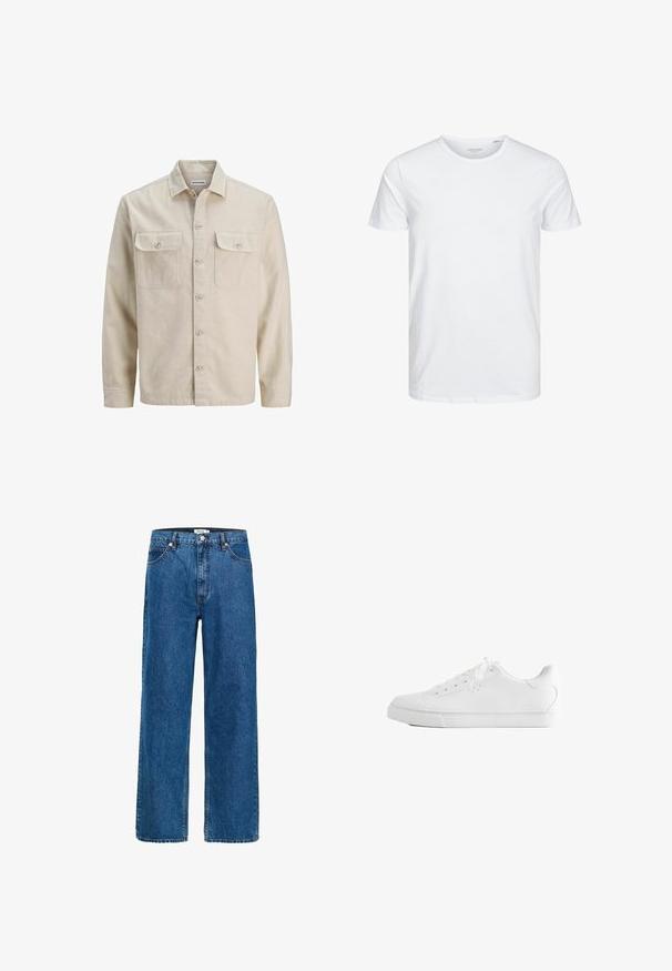 Beige Hemd mit Knöpfen aus weichem Stoff, ausgestattet mit zwei Brusttaschen, langen Ärmeln und einem geraden Saum. Einfarbig ohne Muster.; Rundhals-T-Shirt mit kurzen Ärmeln in reinem Weiß, aus weicher Baumwolle, mit einem schlichten Design ohne sichtbare Muster oder Akzente.; Weite Jeans aus dunkelblauem Denim. Verfügt über fünf Taschen, einen Knopfverschluss und dezente Nähte. Glatte Textur mit minimaler Ausbleichung.; Weißer Low-Top-Sneaker mit Schnürsenkeln, glattem Lederobermaterial und flacher Gummisohle, seitlich auf weißem Hintergrund gezeigt.
