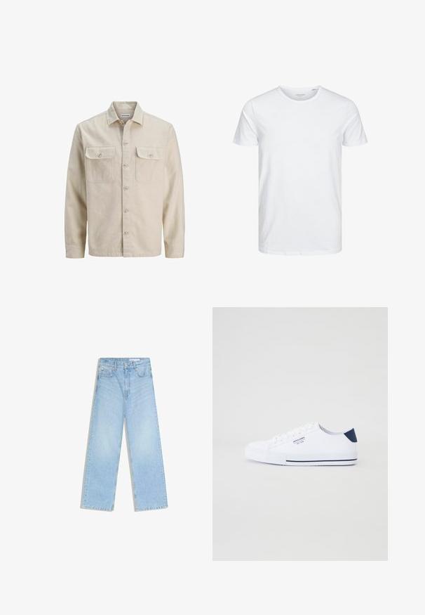 Chemise beige à boutons en tissu doux, dotée de deux poches poitrine, de manches longues et d'un ourlet droit. Texture unie sans motifs.; T-shirt à col rond à manches courtes de couleur blanche unie, fabriqué en coton doux, avec un design simple sans motifs ni accents visibles.; Jean large taille haute bleu clair avec poches avant, passants de ceinture et fermeture par bouton.; Baskets en toile blanches avec un accent de talon marine, semelle en caoutchouc plate, bout rond et lacets blancs. Présente un logo sur le côté.