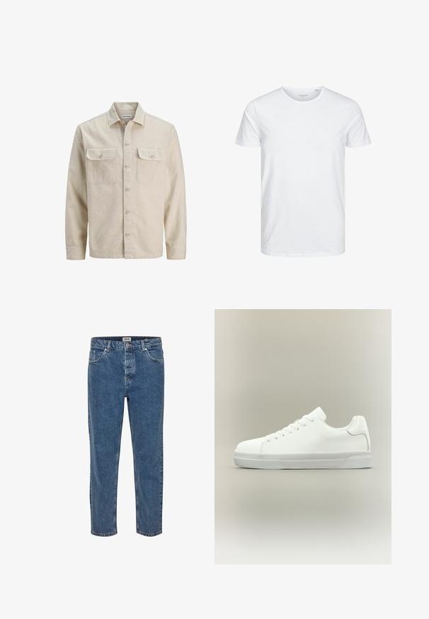 Chemise beige à boutons en tissu doux, dotée de deux poches poitrine, de manches longues et d'un ourlet droit. Texture unie sans motifs.; T-shirt à col rond à manches courtes de couleur blanche unie, fabriqué en coton doux, avec un design simple sans motifs ni accents visibles.; Jeans en denim bleu à coupe droite. Présente cinq poches, une fermeture à bouton et des coutures contrastées. Le tissu a une texture classique.; Baskets basses blanches à lacets, doté d'un col rembourré et d'une semelle en caoutchouc texturée, présentées de profil sur un fond neutre.