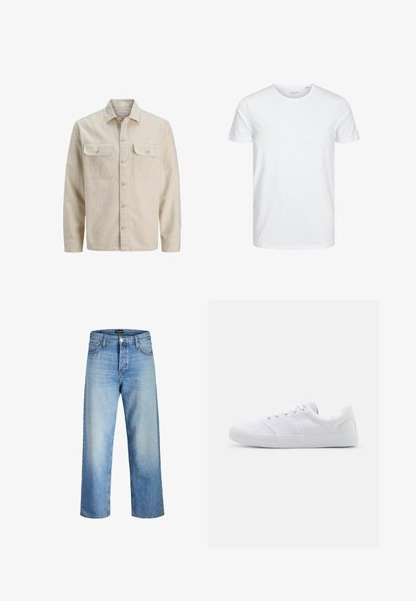 Beige overhemd met knopen in zachte stof, met twee borstzakken, lange mouwen en een rechte zoom. Effen textuur zonder patronen.; Ronde hals kortemouwen t-shirt in effen wit, gemaakt van zachte katoen, heeft een eenvoudig ontwerp zonder zichtbare patronen of accenten.; Lichtblauwe denim jeans met een ontspannen pasvorm, voorzien van een hoge taille, voorkwamen en een rechte pijp, met subtiele vervaging.; Witte canvas sneakers met een rubberen zool, voorzien van zes oogjes, een gestructureerde neuskap en een minimalistisch ontwerp.