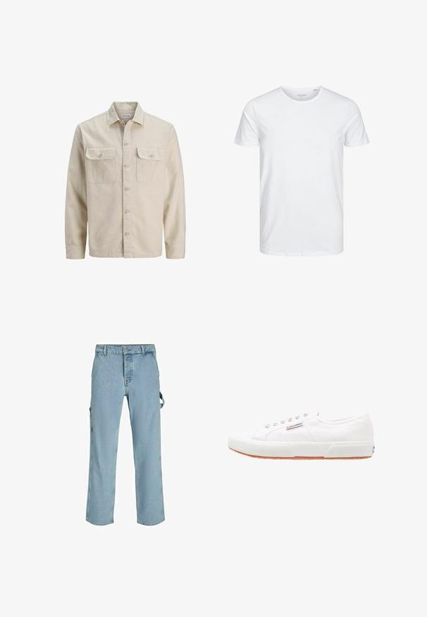 Beige Hemd mit Knöpfen aus weichem Stoff, ausgestattet mit zwei Brusttaschen, langen Ärmeln und einem geraden Saum. Einfarbig ohne Muster.; Rundhals-T-Shirt mit kurzen Ärmeln in reinem Weiß, aus weicher Baumwolle, mit einem schlichten Design ohne sichtbare Muster oder Akzente.; Hellblaue Denim-Cargo-Hosen mit entspannter Passform, ausgestattet mit seitlichen Befestigungsschlaufen und Fronttaschen, die eine ausgewaschene Textur aufweisen.; Weiße Leinensneaker mit Gummisohle, Schnürdesign und einem kleinen Logolabel an der Seite. Strukturierte weiße Oberseite und braune Außensohle.