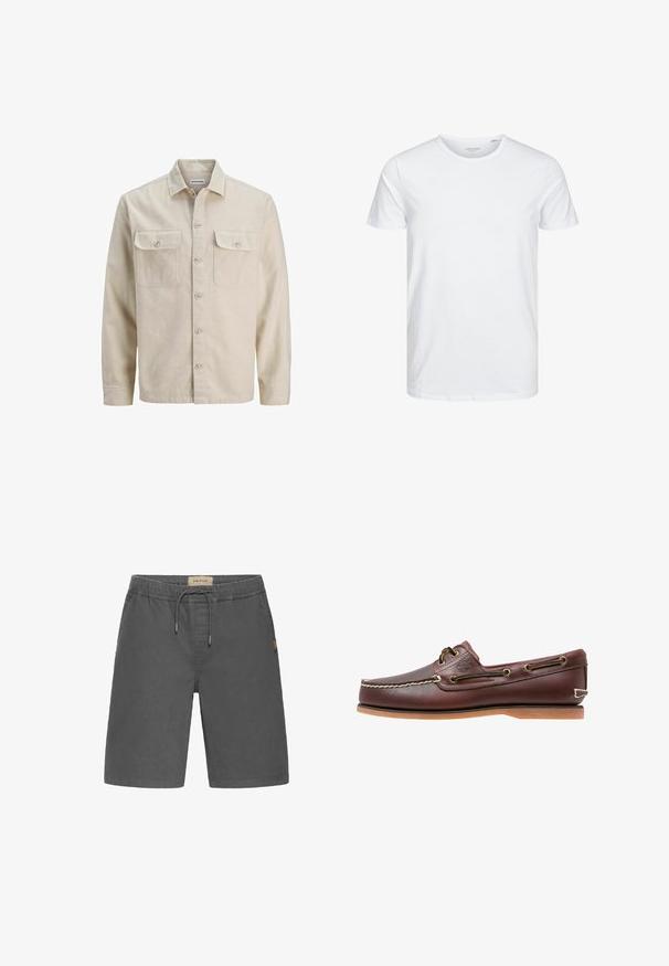 Chemise beige à boutons en tissu doux, dotée de deux poches poitrine, de manches longues et d'un ourlet droit. Texture unie sans motifs.; T-shirt à col rond à manches courtes de couleur blanche unie, fabriqué en coton doux, avec un design simple sans motifs ni accents visibles.; Shorts gris avec une ceinture élastique, une fermeture à cordon, des poches latérales et un petit patch logo beige. Fabriqués en tissu léger.; Chaussure bateau en cuir marron avec coutures blanches, détails de lacets et semelle en caoutchouc beige, vue de côté sur fond blanc.