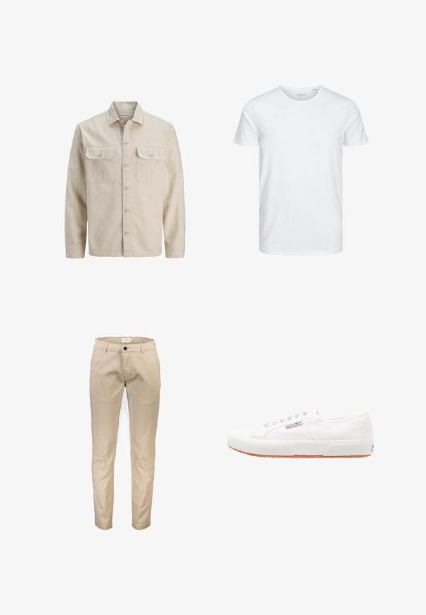 Beige overhemd met knopen in zachte stof, met twee borstzakken, lange mouwen en een rechte zoom. Effen textuur zonder patronen.; Ronde hals kortemouwen t-shirt in effen wit, gemaakt van zachte katoen, heeft een eenvoudig ontwerp zonder zichtbare patronen of accenten.; Beige katoenen broek met een rechte pijp, voorzien van voorzakken, een ritssluiting en een enkele knoopsluiting. Gladde textuur, zonder patronen.; Witte canvas sneakers met een rubberen zool, vetersluiting en een klein logolabel aan de zijkant. Gewreven wit bovenwerk en een bruine zool.