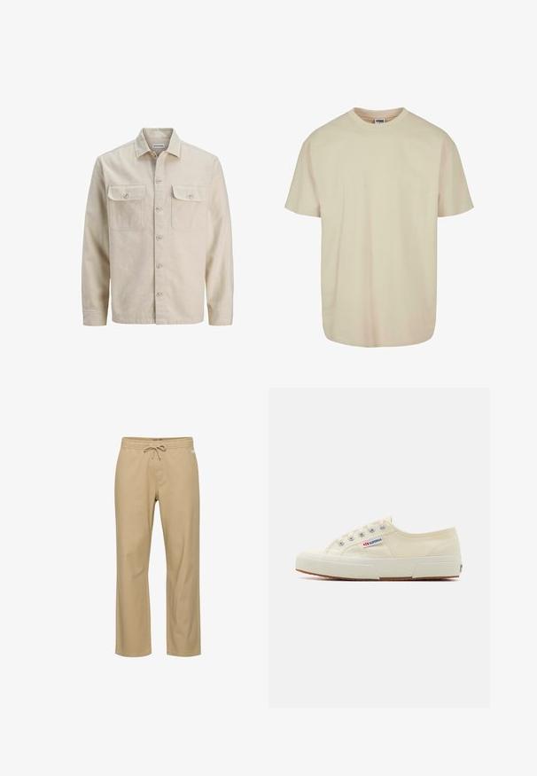 Camisa beige de botones en tejido suave, con dos bolsillos en el pecho, mangas largas y dobladillo recto. Textura lisa sin patrones.; Camiseta de manga corta en algodón beige claro con cuello redondo, con un corte holgado y una textura suave, sin patrones ni acentos visibles.; Pantalones de algodón beige de corte relajado con cintura elástica y cordón. Presentan bolsillos laterales y corte recto en las piernas. Sin patrones visibles.; Zapatillas de lona beige con un diseño de perfil bajo, ojales de metal y suela de goma. Presenta un patrón texturizado y detalle del logo en el lateral.