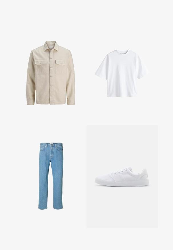 Beige skjorte med knaplukning i blødt stof, der har to brystlommer, lange ærmer og en lige søm. Ensfarvet tekstur uden mønstre.; Next BOXY FIT - HEAVYWEIGHT T-SHIRT . - T-shirts basic - white; Lyseblå denimjeans med lige ben-design. Funktioner inkluderer en knapgylp, fem lommer og syede detaljer langs sømmene.; Hvide lærreds sneakers med gummisål, der har seks snørehuller, en struktureret tåkap og et minimalistisk design.