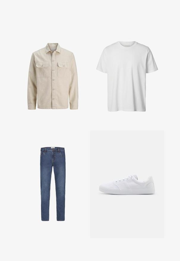 Beige Hemd mit Knöpfen aus weichem Stoff, ausgestattet mit zwei Brusttaschen, langen Ärmeln und einem geraden Saum. Einfarbig ohne Muster.; Schlichtes weißes T-Shirt mit kurzen Ärmeln und Rundhalsausschnitt, lässiger Passform und ohne sichtbare Logos oder Designs auf der Vorderseite.; Jeans aus Denim in dunklem Blauton mit geradem Bein, Fünf-Taschen-Design und Kontrastnähten. Verschlossen mit Knopf und Reißverschluss.; Weiße Leinenschuhe mit Gummisohle, ausgestattet mit sechs Ösen, einer strukturierten Zehenkappe und minimalistischer Gestaltung.