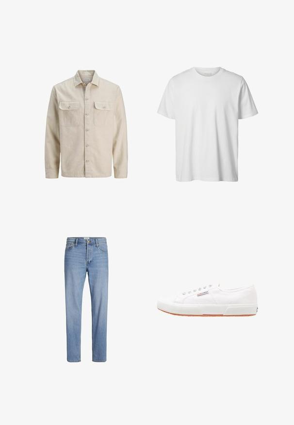 Chemise beige à boutons en tissu doux, dotée de deux poches poitrine, de manches longues et d'un ourlet droit. Texture unie sans motifs.; T-shirt blanc uni à manches courtes, col rond, coupe décontractée, sans logos ni motifs visibles à l'avant.; Jean en denim bleu clair avec une coupe droite, design standard à cinq poches et couture visible. Pas de motifs distincts ni d'accents.; Baskets en toile blanches avec une semelle en caoutchouc, design à lacets et une petite étiquette logo sur le côté. Tige blanche texturée et semelle extérieure marron.