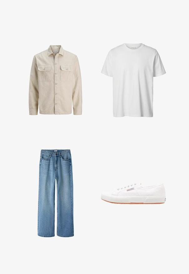 Beige skjorte med knaplukning i blødt stof, der har to brystlommer, lange ærmer og en lige søm. Ensfarvet tekstur uden mønstre.; Enkelt hvid T-shirt med korte ærmer og rund hals, løs pasform og uden synlige logoer eller designs foran.; Lyseblå jeans med høj talje og vide ben, med forlommer, bæltestropper, knaplukning og diskrete falmede detaljer.; Hvide kanvas sneakers med gummisål, snørebåndsdesign og et lille logo mærke på siden. Tekstureret hvid overdel og brun ydersål.