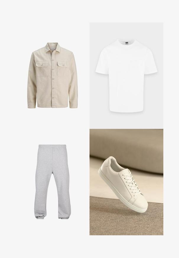 Chemise beige à boutons en tissu doux, dotée de deux poches poitrine, de manches longues et d'un ourlet droit. Texture unie sans motifs.; T-shirt blanc uni en coton à manches courtes et col rond présenté sur un fond gris clair.; Pantalon de jogging en coton gris clair avec taille élastique et poignets aux chevilles, présenté à plat sur fond blanc.; Baskets en cuir blanc avec des lacets blancs, exposées sur une surface beige texturée et avec un arrière-plan flou doux.