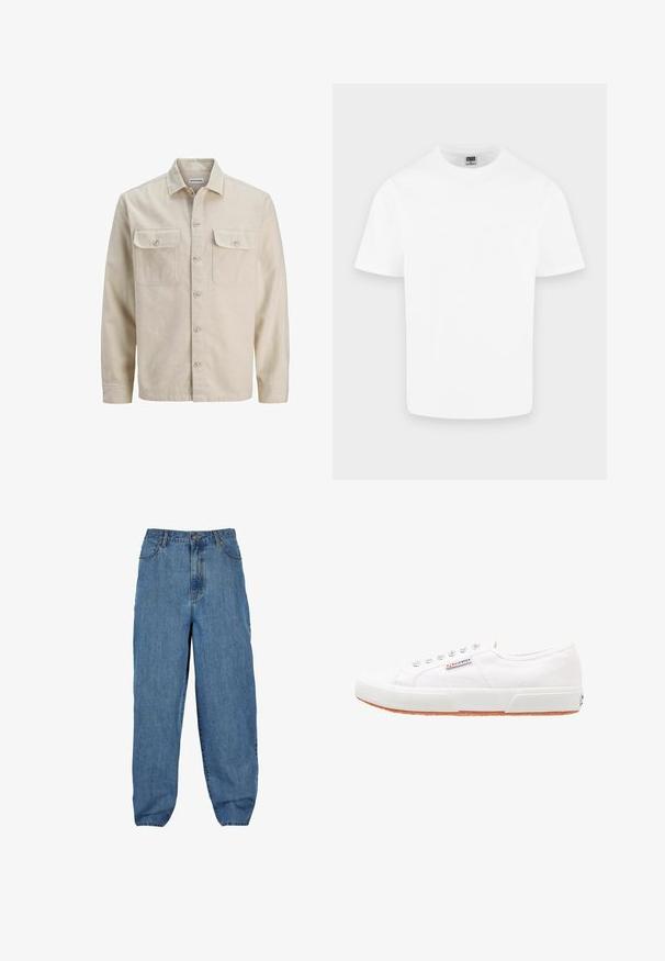 Chemise beige à boutons en tissu doux, dotée de deux poches poitrine, de manches longues et d'un ourlet droit. Texture unie sans motifs.; T-shirt blanc uni en coton à manches courtes et col rond présenté sur un fond gris clair.; Pantalon en denim bleu clair avec une taille haute, un design à jambes larges, style cinq poches et une fermeture à bouton et à glissière.; Baskets en toile blanches avec une semelle en caoutchouc, design à lacets et une petite étiquette logo sur le côté. Tige blanche texturée et semelle extérieure marron.