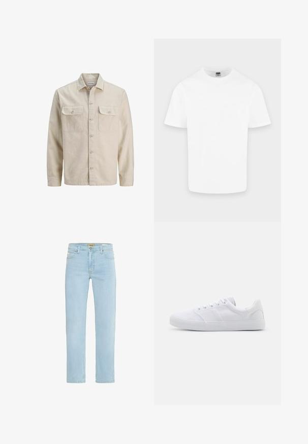 Beige Hemd mit Knöpfen aus weichem Stoff, ausgestattet mit zwei Brusttaschen, langen Ärmeln und einem geraden Saum. Einfarbig ohne Muster.; Schlichtes weißes Baumwoll-T-Shirt mit kurzen Ärmeln und Rundhalsausschnitt, dargestellt auf hellem grauem Hintergrund.; Hellblaue Denim-Jeans mit geradem Schnitt, traditionellem Fünf-Taschen-Design sowie einem Messingknopf und Reißverschlussverschluss vorne.; Weiße Leinenschuhe mit Gummisohle, ausgestattet mit sechs Ösen, einer strukturierten Zehenkappe und minimalistischer Gestaltung.