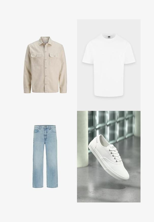 Chemise beige à boutons en tissu doux, dotée de deux poches poitrine, de manches longues et d'un ourlet droit. Texture unie sans motifs.; T-shirt blanc uni en coton à manches courtes et col rond présenté sur un fond gris clair.; Jean en denim bleu clair à coupe droite avec poches avant et fermeture à boutons, présentant un léger délavage et une usure minimale.; Baskets basses blanches en toile avec lacets, étiquetées Tommy Hilfiger, montrées flottant au-dessus d’un sol gris lisse près d’un mur en briques de verre.
