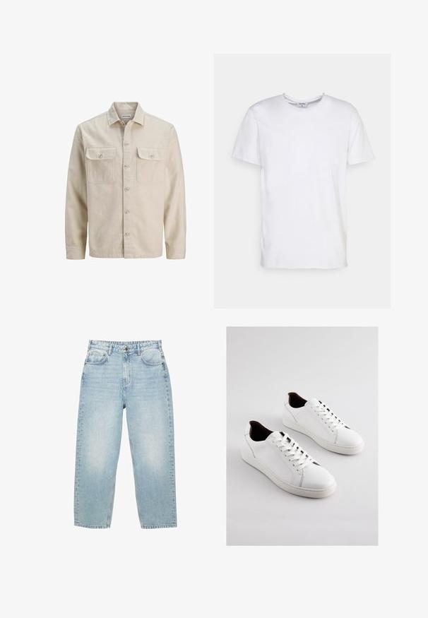 Beige Hemd mit Knöpfen aus weichem Stoff, ausgestattet mit zwei Brusttaschen, langen Ärmeln und einem geraden Saum. Einfarbig ohne Muster.; Weißes T-Shirt mit kurzen Ärmeln aus Baumwolle. Es hat einen runden Halsausschnitt und eine lockere Passform ohne sichtbare Muster oder Akzente.; Hellblaue hochgeschnittene Jeans aus Denim mit geradem Bein, vorderen und hinteren Taschen sowie einem Knopfverschluss mit sichtbaren Nähten.; Weiße Ledersneaker mit niedrigem Profil, perforierten Seiten, flachen Schnürsenkeln und einem kontrastierenden braunen Innenfutter. Gummisohle mit strukturierter Musterung.