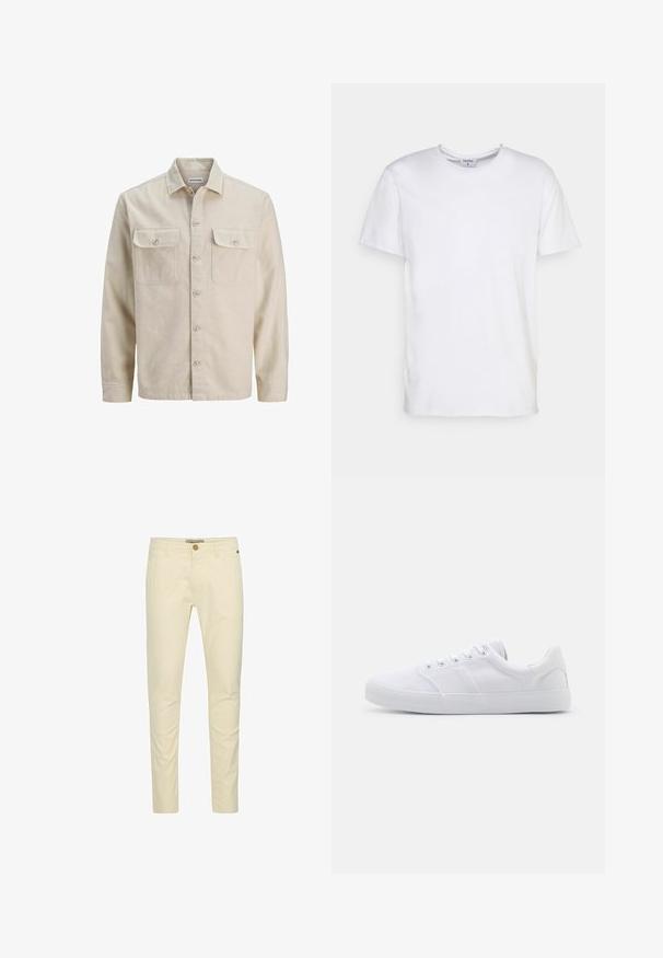Camisa beige de botones en tejido suave, con dos bolsillos en el pecho, mangas largas y dobladillo recto. Textura lisa sin patrones.; Camiseta blanca de manga corta hecha de algodón. Presenta un escote redondo y un corte holgado, sin patrones ni acentos visibles.; Chinos de algodón beige con un corte slim, que cuentan con un cierre de botón y un detalle de costura sutil en los bolsillos. Textura suave con un acabado pulido.; Zapatillas de lona blancas con suela de goma, que cuentan con seis ojales, una puntera texturizada y un diseño minimalista.