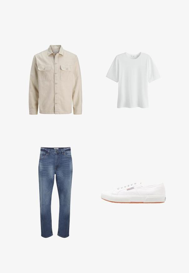 Camisa beige de botones en tejido suave, con dos bolsillos en el pecho, mangas largas y dobladillo recto. Textura lisa sin patrones.; Camiseta de algodón blanca lisa de manga corta y cuello redondo, talla mediana, mostrada sobre un fondo blanco.; Vaqueros de mezclilla en azul medio con un acabado descolorido, diseño de cinco bolsillos, cierre de cremallera y corte recto estándar. Detalles de costura distintivos.; Zapatillas de lona blancas con suela de goma, diseño de cordones y una pequeña etiqueta con el logo en el lateral. Parte superior texturizada blanca y suela marrón.
