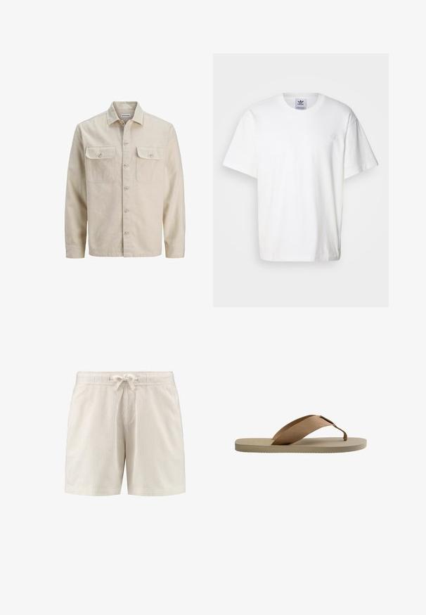 Camisa beige de botones en tejido suave, con dos bolsillos en el pecho, mangas largas y dobladillo recto. Textura lisa sin patrones.; Camiseta de algodón blanca con cuello redondo y mangas cortas. Presenta un pequeño logotipo bordado en el pecho. Diseño simple y clásico.; Pantalones cortos de tela acanalada beige con una cinturilla elástica y un cordón atado en el centro delantero.; Sandalia beige tipo flip-flop con suela texturizada y amplia correa de tela marrón para el dedo, sobre fondo blanco.