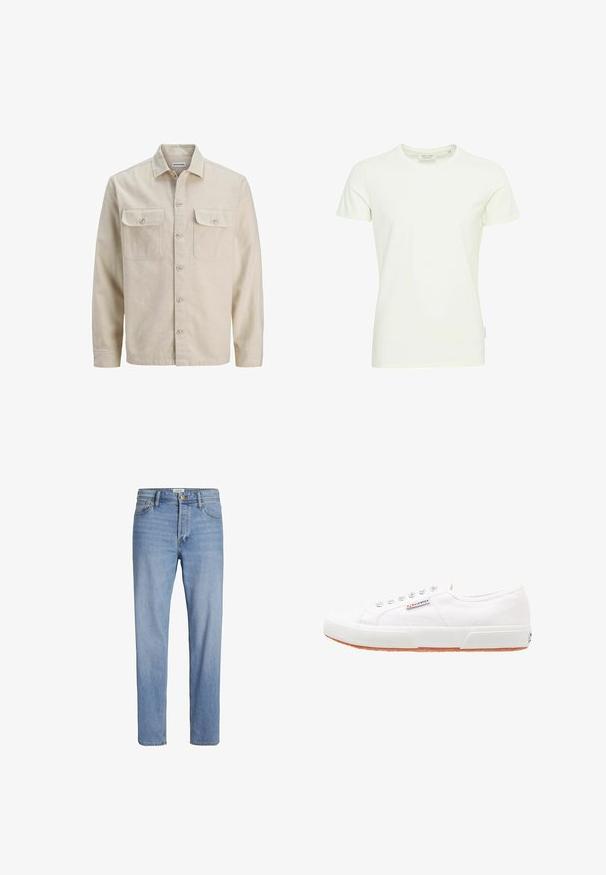 Beige button-up shirt in soft fabric, featuring two chest pockets, long sleeves, and a straight hem. Plain texture with no patterns.; White short-sleeved t-shirt made of soft cotton. Features a crew neckline and a straight hem. Minimalist design with no patterns or accents.; Light blue denim jeans with a straight cut, standard five-pocket design, and visible stitching. No distinct patterns or accents.; White canvas sneakers with a rubber sole, lace-up design, and a small logo label on the side. Textured white upper and brown outsole.