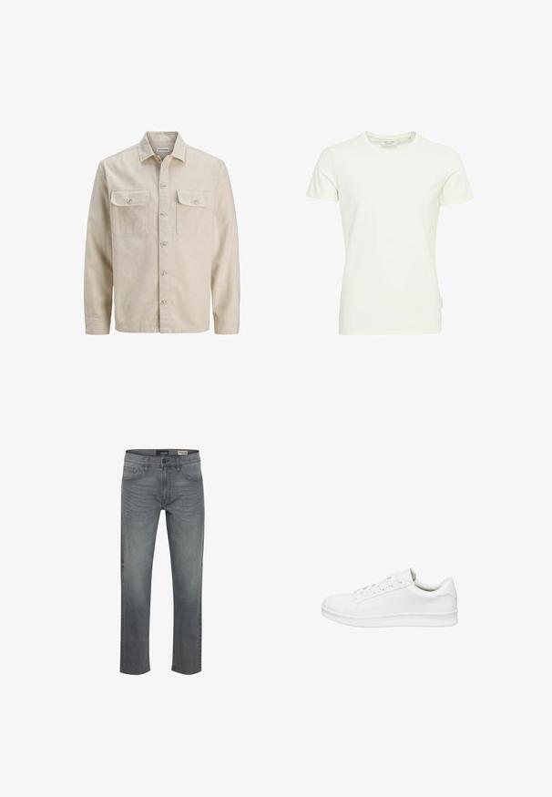 Chemise beige à boutons en tissu doux, dotée de deux poches poitrine, de manches longues et d'un ourlet droit. Texture unie sans motifs.; T-shirt blanc à manches courtes fabriqué en coton doux. Présente un col rond et un ourlet droit. Design minimaliste sans motifs ni accents.; Jean en denim gris avec une coupe droite. Comprend cinq poches, une fermeture à bouton et des détails texturés subtils. Taille moyenne.; Basket basse blanche avec fermeture à lacets, tige en cuir lisse, col rembourré et semelle épaisse en caoutchouc, présentée de profil sur fond blanc.