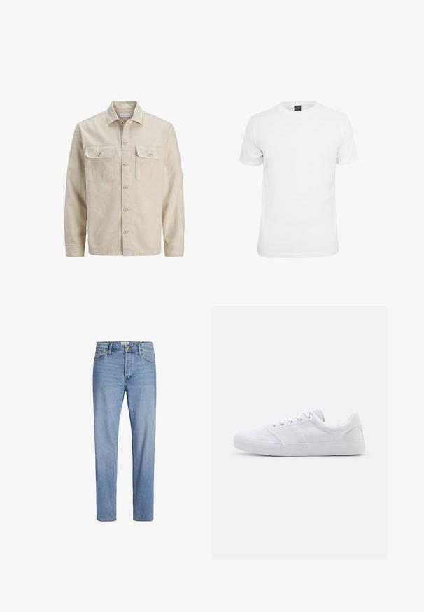 Beige overhemd met knopen in zachte stof, met twee borstzakken, lange mouwen en een rechte zoom. Effen textuur zonder patronen.; Witte t-shirt met korte mouwen, gemaakt van katoen, voorzien van een ronde hals en een soepele textuur, ontworpen voor casual gebruik.; Lichtblauwe denim jeans met een rechte snit, standaard vijf-pocketontwerp en zichtbare stiksels. Geen onderscheidende patronen of accenten.; Witte canvas sneakers met een rubberen zool, voorzien van zes oogjes, een gestructureerde neuskap en een minimalistisch ontwerp.